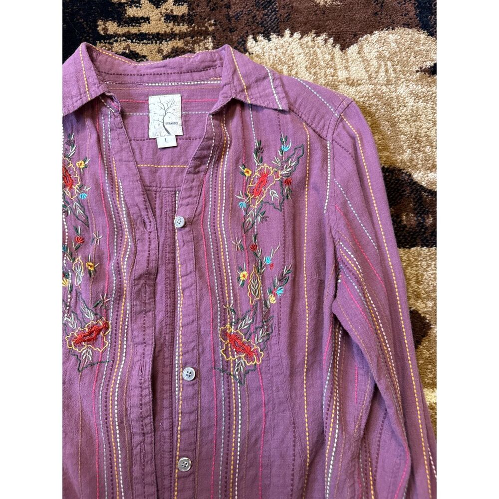Gramicci Maroon Embroidered Button Up Shirt L Floral Boho Western